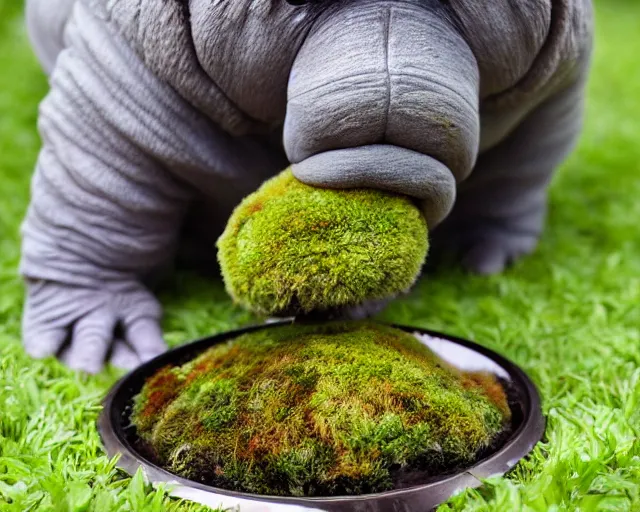 Prompt: big pet tardigrade eating from a food bowl full of moss, cute pet photos, home photography, award - winning pet