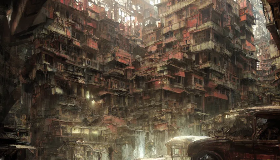 Prompt: inside of kowloon walled city concept art, light, shadows, reflections, epic composition, intricate, elegant, volumetric lighting, digital painting, highly detailed, artstation, sharp focus, illustration, concept art, ruan jia, steve mccurry