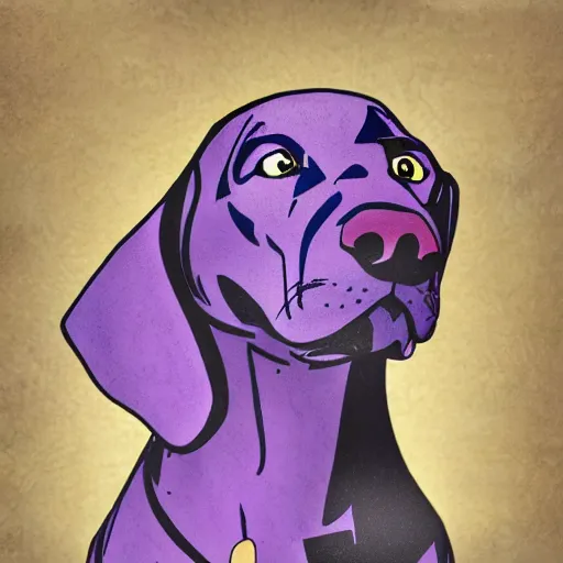 Image similar to an anamorphic of purple dog, in the style of disney, mixed media collage, highly detailed, 8k resolution