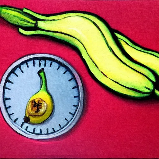 Image similar to oil painting impressionist stopwatch and banana in the shape of an arrow flying through the air, ( bugs buzzing around ), whimsical, detailed,