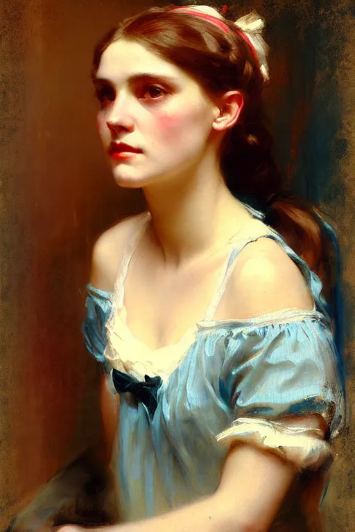 Prompt: soft colorsphotograph imax and solomon joseph solomon and richard schmid and jeremy lipking victorian loose genre loose painting full length portrait painting of pretty barmaid disney