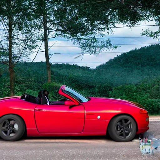 Prompt: red sports car is speeding in a highway photograph