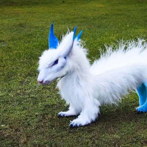 Image similar to white furry dragon with a blue neck mane and 2 grey horns