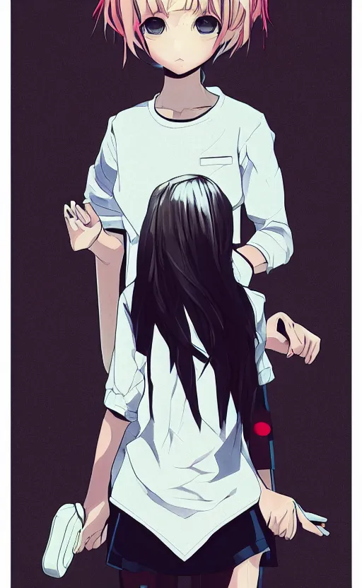 Image similar to shirt art, logo graphic design, manga style, realistic lighting, futuristic solid colors, made by ilya kuvshinov, sold on sukebannyc, from arknights, front portrait of a girl, short neck, jpop clothing, sneaker shoes, simple icons in background