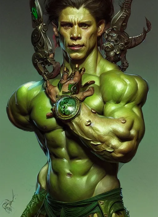 Prompt: portrait of aggressive pig humanoid, d & d, muscular! green, fantasy, intricate, elegant, highly detailed, digital painting, artstation, concept art, smooth, sharp focus, illustration, art by artgerm and greg rutkowski and alphonse mucha