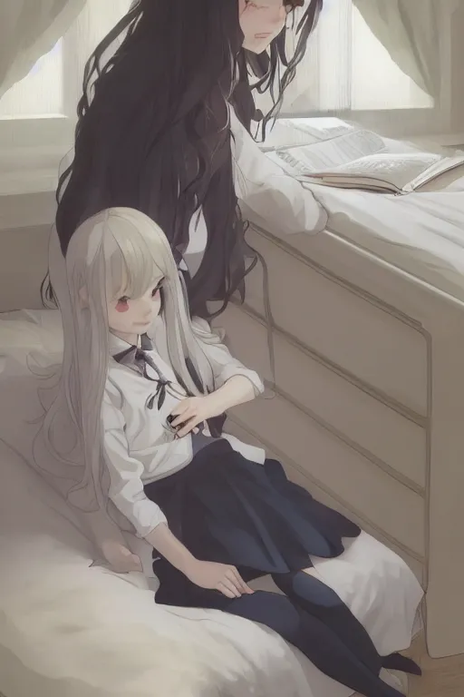 Prompt: a loli in a jk uniform outfit in the bedroom reading a book in a night, raining outside the window, dark and grey theme ， wavy white long hair, by krenz cushart and mucha and akihito yoshida and greg rutkowski and makoto shinkai, detailed eyes, 4 k resolution