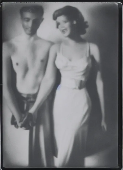 Image similar to an interracial couple holding hands, flash polaroid photo by george hurrell, hazy light rays
