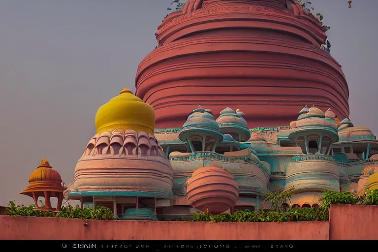 Image similar to gorgeous dreamscape! biomorphic new delhi, hanuman!! head building, kalighat, octane highly detailed cinematic, stephen shore & john j. park, soft morning light, wide shot, high angle, uhd 8 k, deep focus