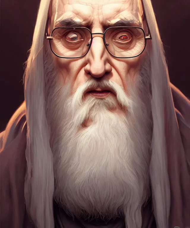 Prompt: portrait saruman, wearing glasses, caricature, headshot, highly detailed, digital painting, artstation, concept art, sharp focus, cinematic lighting, illustration, art by met mangindaan, artgerm and greg rutkowski, alphonse mucha, cgsociety