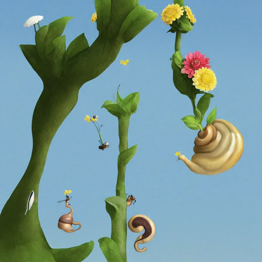 Prompt: Side view of a snail climbing up the pole of the tallest flower in the field, art by Goro Fujita