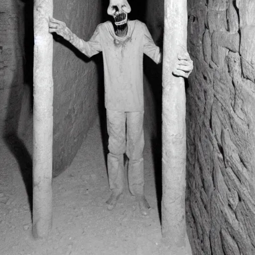 Image similar to creepy, incredibly tall, skinny and pale creature lurking in the catacombs and smiling at the camera captured on film camera