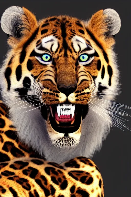 Image similar to !dream 8K UHD Redshift render, Poser, feetwave, lion_facecore, tigerpunk leopard panther, long wavy fur, bright eyes, long fangs, medium full shot, animal photography