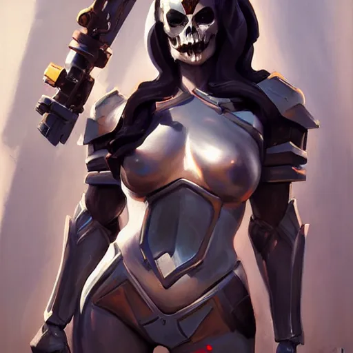 Image similar to greg manchess portrait painting of partially armored lady death as overwatch character, medium shot, asymmetrical, profile picture, organic painting, sunny day, matte painting, bold shapes, hard edges, street art, trending on artstation, by huang guangjian and gil elvgren and sachin teng