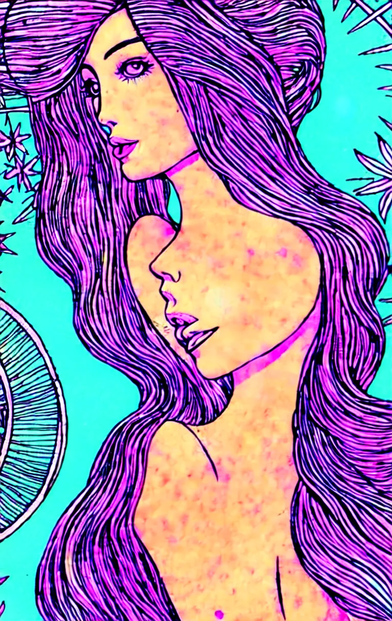 Image similar to beautiful hippie girl illustration, closeup in bikini over psychedelic sacred geometry hallucination