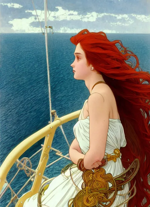 Image similar to a pretty young alicia vikander with long red hair blowing in the wind is leaning on the rail of a sailing ship, looking out to sea, path traced, highly detailed, high quality, digital painting, by studio ghibli and alphonse mucha, ron cobb, leesha hannigan, hidari, art nouveau, chiho aoshima, jules bastien - lepage