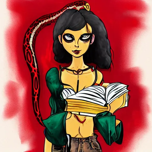Image similar to full body portrait of a snake girl, red and black strips, books, yellow eyes, magic, digital art.
