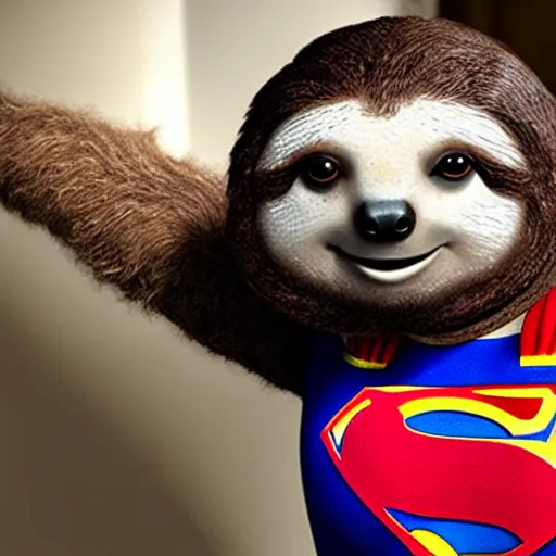 Prompt: movie still of a sloth as superman in superman