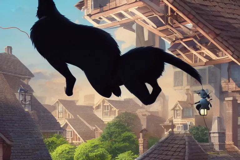 Image similar to a wholesome animation key shot of a black cat jumping between roofs with tiles, medium shot, studio ghibli, pixar and disney animation, sharp, rendered in unreal engine 5, anime key art by greg rutkowski, bloom, dramatic lighting