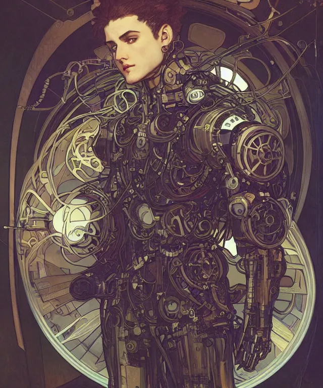 Image similar to realistic detailed portrait of a male! mecha cyberpunk! monk! by alphonse mucha and charlie bowater and art germ, rule of thirds, golden ratio, art nouveau! cyberpunk! style, mechanical accents!, mecha plate armor, glowing leds, flowing wires with leaves, art nouveau accents, art nouveau patterns and geometry, rich deep moody colors