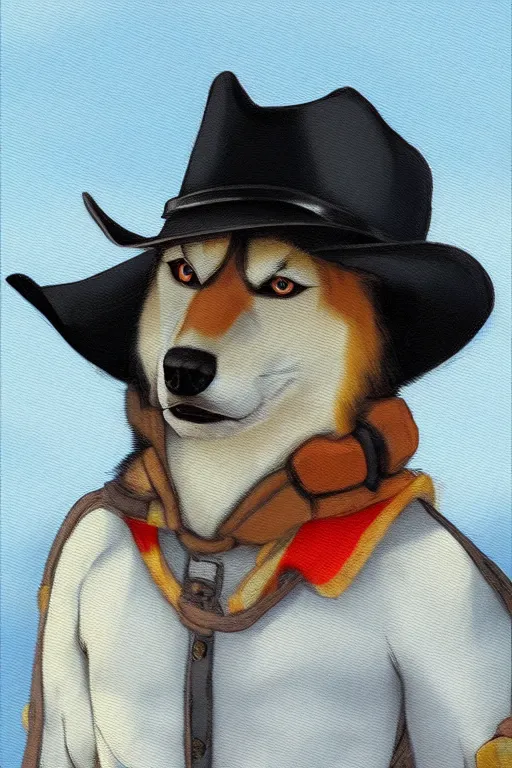 Image similar to a portrait painting of a husky in cowboy costume, wearing a cowboy hat, by studio ghibli, in the style of anime, [ western film ], humanoid, personify, anthropomorphic, trending on artstation