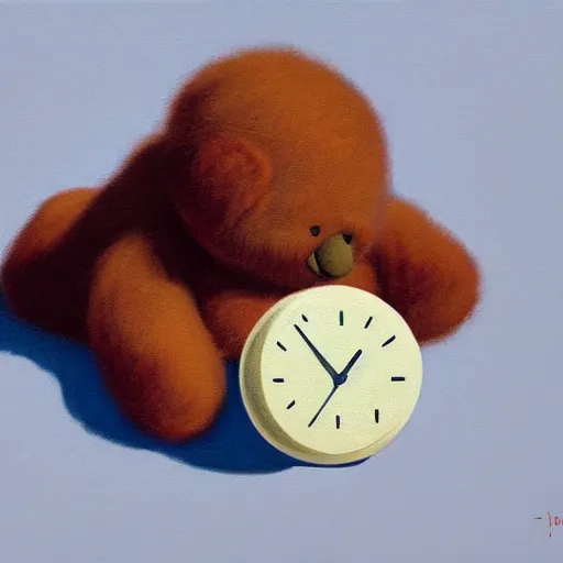 Image similar to spherical teddy bear with a timer, painted by Edward Hopper, painted by James Gilleard, surrealism, airbrush