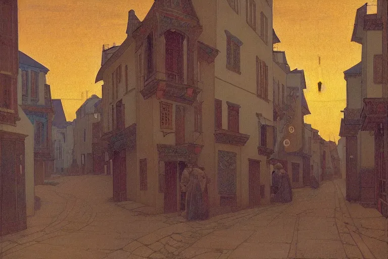 Image similar to winding street at twilight in a very old city by George Price Boyce and Nicholas Roerich and jean delville, glowing paper lanterns, strong dramatic cinematic lighting , ornate tiled architecture, lost civilizations, smooth, sharp focus, extremely detailed