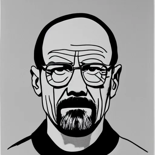 Image similar to a portrait of Walter White, made by Andy Warhol, two tone, very high contrast, only black and white, simplistic, extremely high contrast, two tone, notan art, by Andy Warhol, minimalistic,