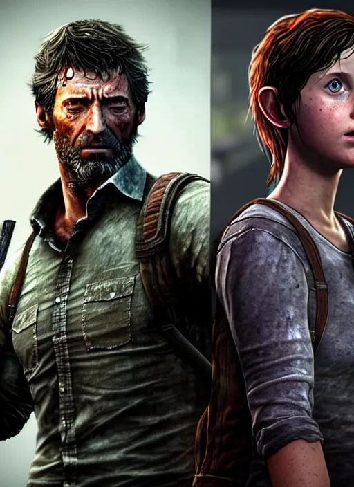 Prompt: hugh jackman as joel from the last of us standing with millie bobby brown as ellie, character concept art, hyperrealistic, detailed, accurate illustration, dramatic lighting