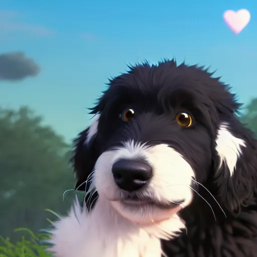 Image similar to a wholesome animation key shot of a black bernedoodle puppy, studio ghibli, pixar and disney illustration, sharp, rendered in unreal engine 5, anime key art by greg rutkowski, bloom, dramatic lighting