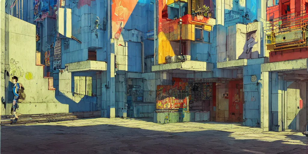 Image similar to neo brutralism, concrete housing, an archway, concept art, colorful, vivid colors, sunshine, light, shadows, reflections, oilpainting, cinematic, 3D, in the style of Akihiko Yoshida and Edward Hopper