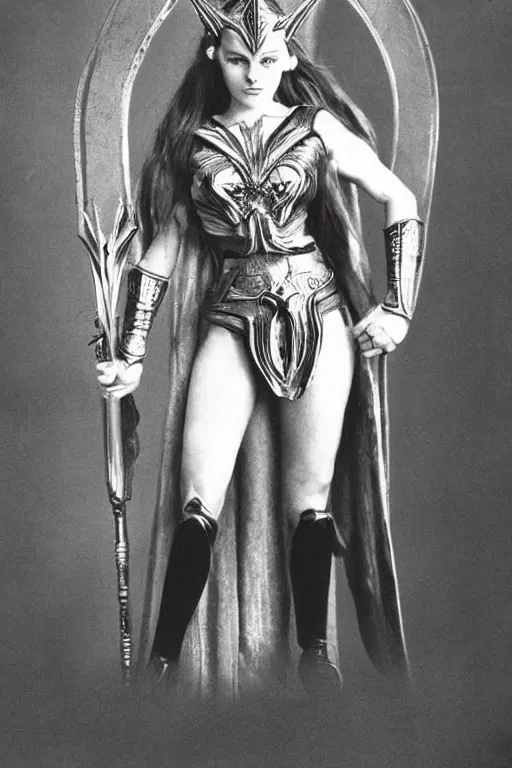 Prompt: she - ra, portrait, full body, symmetrical features, 1 8 8 0 photograph, aged paper, sergio leone, master prime lenses, cinematic