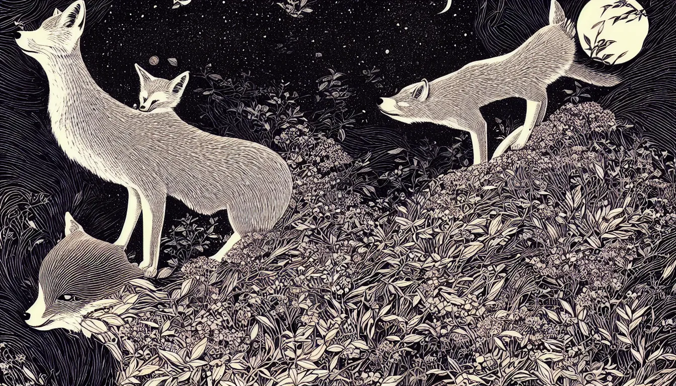 Prompt: fox by woodblock print, nicolas delort, moebius, victo ngai, josan gonzalez, kilian eng