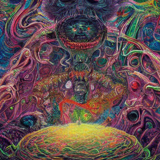 Prompt: a fine hyper - detailed painting of complex conceptual moments in chaotic dreams with deformed beings that appear and disappear, cosmic horror psychedelic weird bizarre art