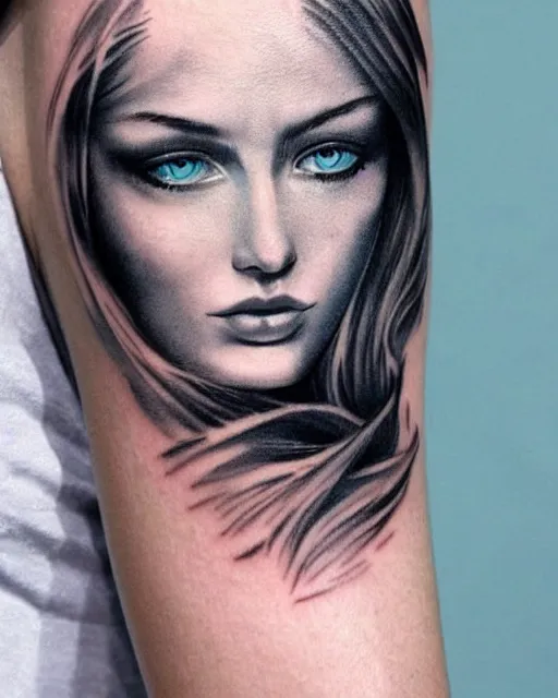 Image similar to tattoo design sketch of a beautiful blue - eyed woman face with a faded background of beautiful mountains on her side, hyper - realistic, in the style of den yakovlev, amazing detail, black and white