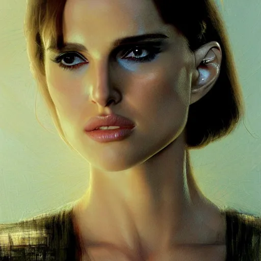 Image similar to a portrait of natalie portman as a replicant from blade runner, detailed, centered, digital painting, artstation, concept art, donato giancola, joseph christian leyendecker, wlop, boris vallejo, breathtaking, 8 k resolution, extremely detailed, beautiful, establishing shot, artistic, hyperrealistic, beautiful face, octane render