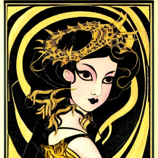 Image similar to a devil little girl, black and gold, art nouveau style