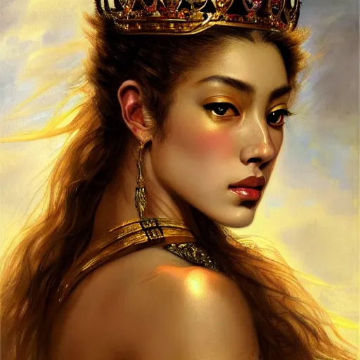 Prompt: highly detailed portrait of a majestic lioness queen in the form of a beautiful woman. d & d. art by eugene delacroix and noriyoshi ohrai. trending on artstation, intricate details, energetic composition, golden ratio, concept art, illustration, elegant art, global illuminaition