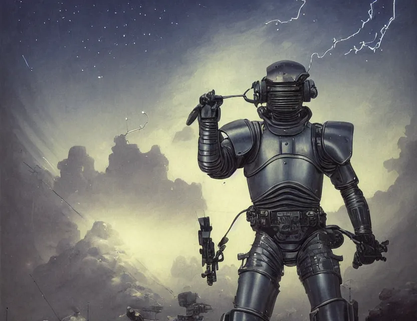 Image similar to a detailed portrait painting of a bounty hunter in combat armour and visor. cinematic sci-fi poster. Flight suit and wires, accurate anatomy. Samurai influence, knight influence. fencing armour. portrait symmetrical and science fiction theme with lightning, aurora lighting. clouds and stars. Futurism by moebius beksinski carl spitzweg moebius and tuomas korpi. baroque elements. baroque element. intricate artwork by caravaggio. Oil painting. Trending on artstation. 8k