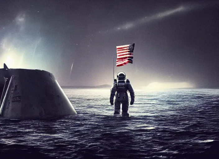 Image similar to astronaut holding a flag in an underwater desert. a submarine is visible in the distance. dark, concept art, cinematic, dramatic, atmospheric, 8 k, trending on artstation, blue, fish, low visibility, fog, ocean floor, christopher nolan, interstellar