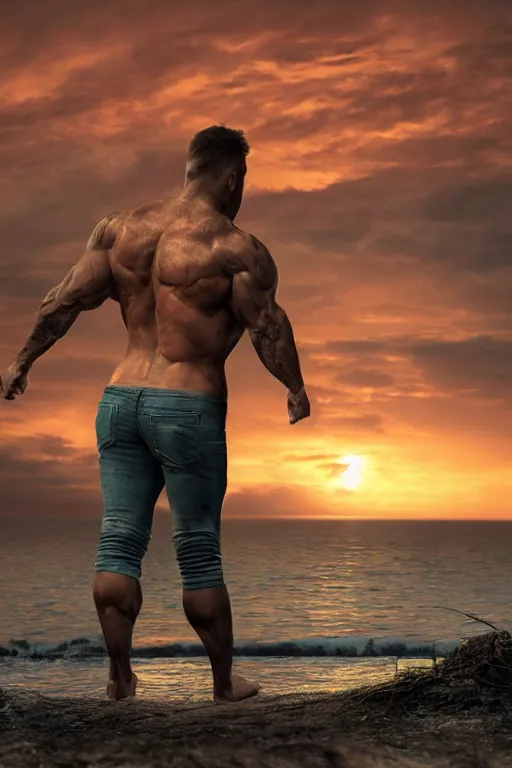 Image similar to a very muscular and defined man wearing ripped pants and shirt looking to the sea at sunset, godrays, complementary colors, natural lighting, portait image, path tracing, serene landscape, high quality, highly detailed, 8K, soft colors, warm colors, turbulent sea, high coherence, anatomically correct, hyperrealistic, concept art, defined face, five fingers, front view