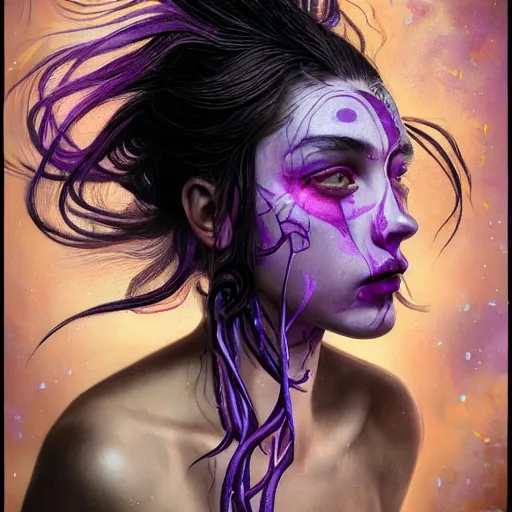 Image similar to detailed photo portrait of a furious teen girl with thin, hair-like purple tentacles on her head and bright purple eyes, 8k,by tristan eaton, Stanley Artgermm,Tom Bagshaw,Greg Rutkowski,Carne Griffiths,trending on DeviantArt, face enhance,hyper detailed ,full of colour, dramatic lightning