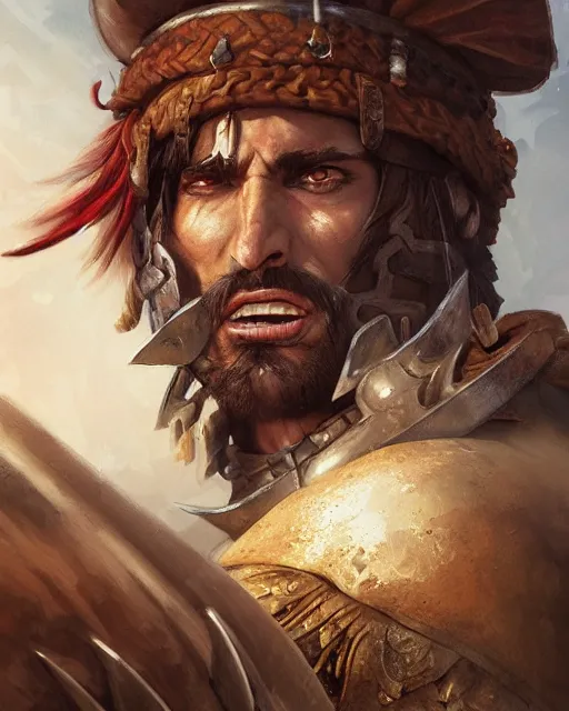 Image similar to illustration of an angry spanish conquistador in battle by filipe pagliuso and justin gerard, symmetric, anatomy, facial features, detailed, intricate, portrait, digital painting, princess mononoke color scheme, trending on artstation, masterpiece