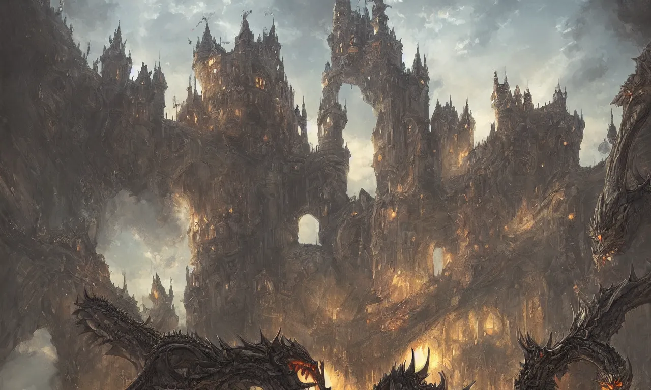 Image similar to dragon infront of a castle, illustration painting, oil on canvas, intricate, detailed illustration, hd, digital art, overdetailed art, concept art, detailed, illustration painting by greg rutkowski, digital art, overdetailed art, concept art,