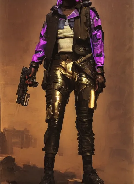Image similar to maria igwe. cyberpunk mercenary wearing a military vest and combat jumpsuit. (Cyberpunk 2077, bladerunner 2049). Iranian orientalist portrait by john william waterhouse and Edwin Longsden Long and Theodore Ralli and Nasreddine Dinet, oil on canvas. Cinematic, vivid colors, hyper realism, realistic proportions, dramatic lighting, high detail 4k