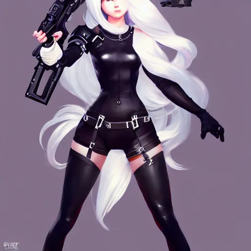 Prompt: greg manchess painting of a 2 yorha type a no. 2 as mery from overwatch!!, white long hair, organic painting, trending on artstation, by huang guangjian and gil elvgren and sachin teng