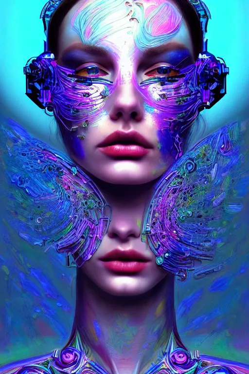 Prompt: extremely beautiful psychedelic cyborg queen of lsd. intricate, elegant, highly detailed lifelike photorealistic extremely lush digital painting. masterpiece. melancholic scene infected by night. perfect composition and lighting. sharp focus. artstation. sultry.