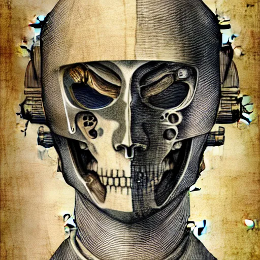 Image similar to Leonardo Davinci sketch of the inner workings of a cyborg samurai, high detail, post-processing , Corporate Memphis Illustration, Japanese patent , Anatomical Drawing, Painting