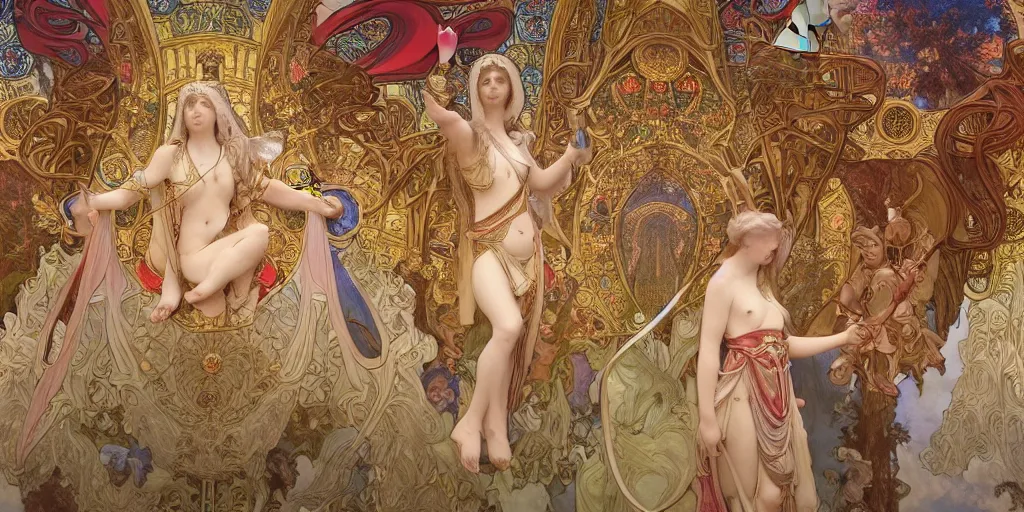 Image similar to 3 d rendered scene of the battle of angels and demons at the entrance to the fractal palace of cosmos painting of alphonse maria mucha made in unreal engine hyper realistic