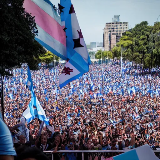 Image similar to Lady Gaga as president, Argentina presidential rally, Argentine flags behind, bokeh, giving a speech, detailed face, Argentina