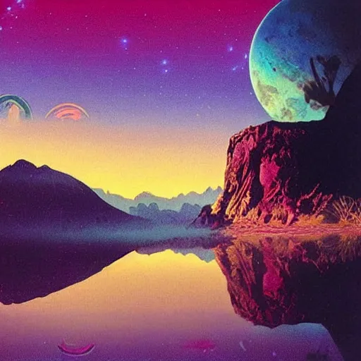 Image similar to 80s landscape photo, ET, goonies, retrowave, synthwave